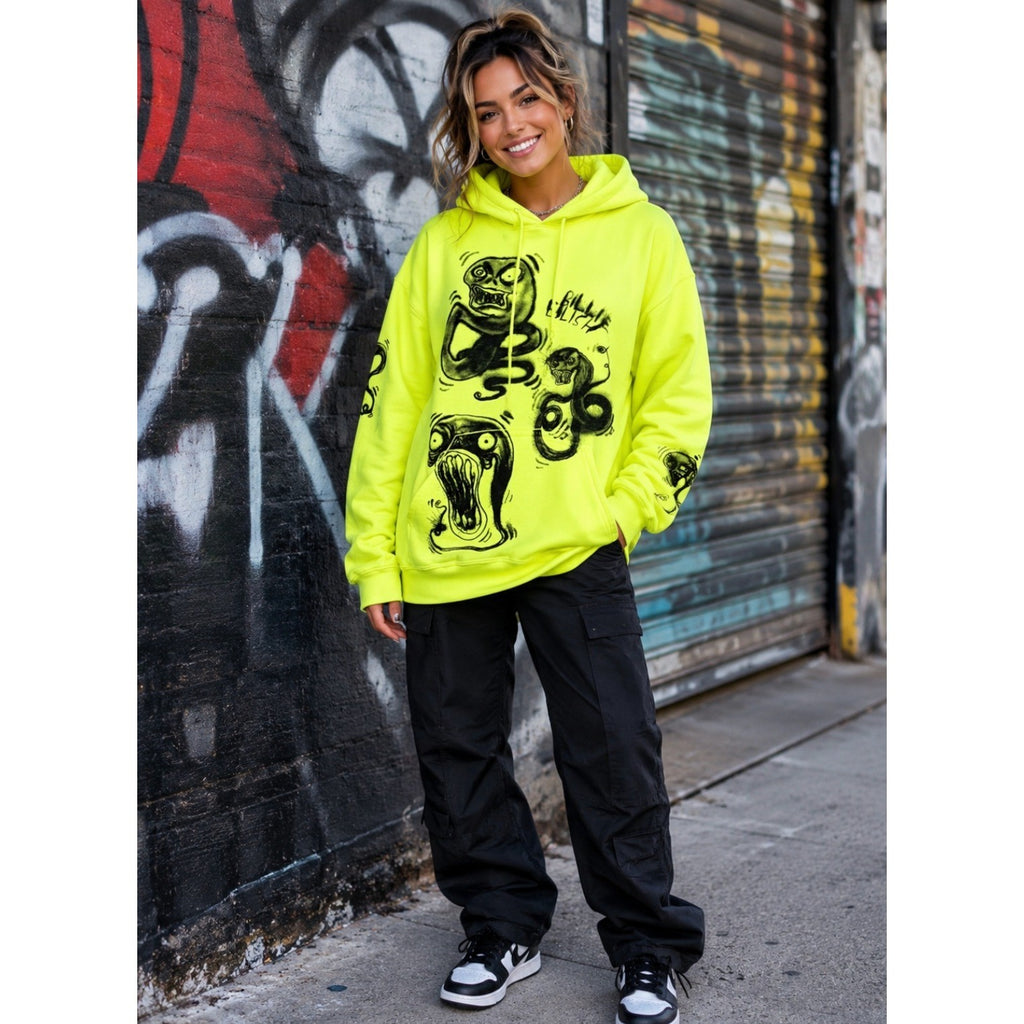 BILLIE EILISH Graffiti Ghouls 2019 World Tour Hoodie Monster Neon Yellow Small