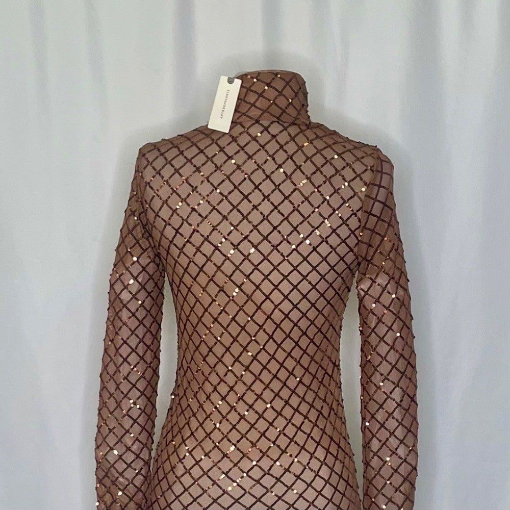 NWT!! Anthropologie PILCRO Turtleneck Sequin Top Shirt Bronze Party Glam X-Small