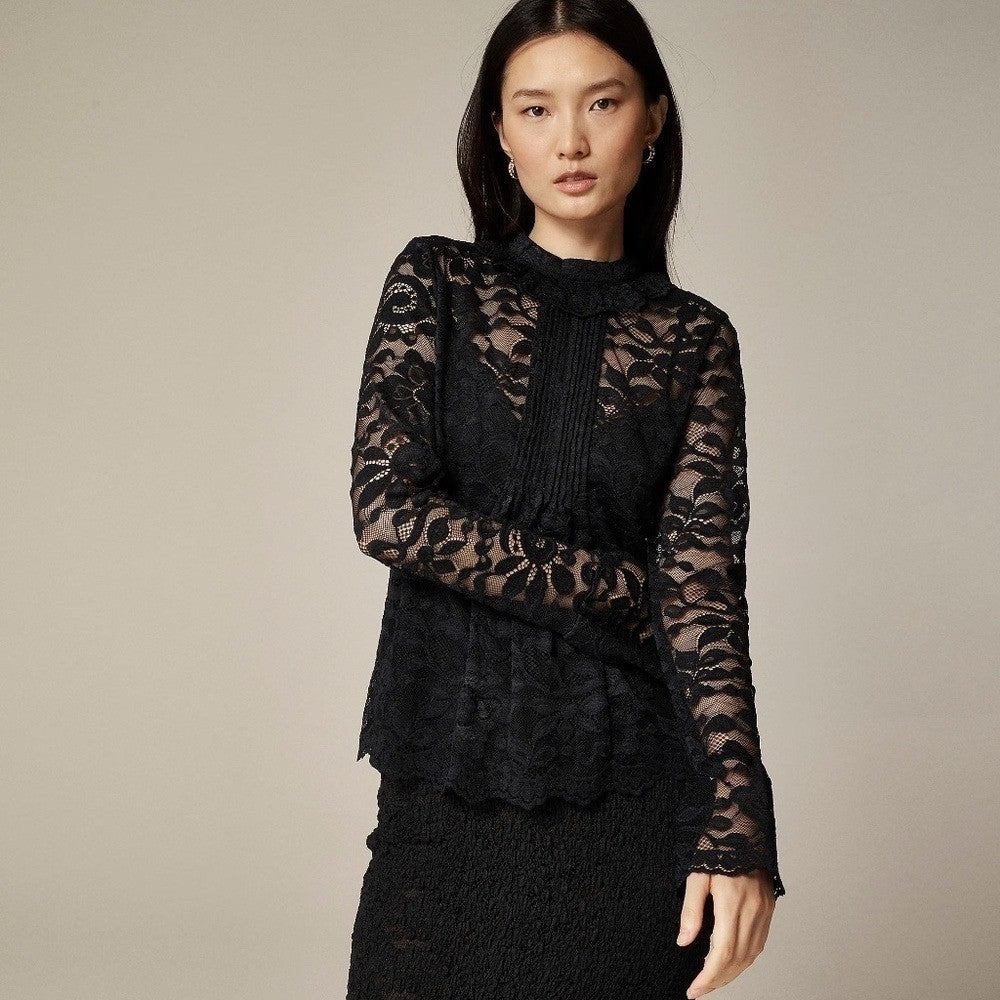 NWT!! J. CREW Lace Mockneck Top Black Floral Victorian Coquette Romantic Size 00