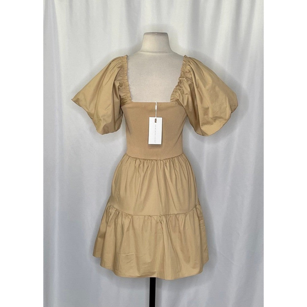 NWT! ENDLESS ROSE Mix Media Mini Dress Latte Brown Puff Sleeves Corset Bodice XS