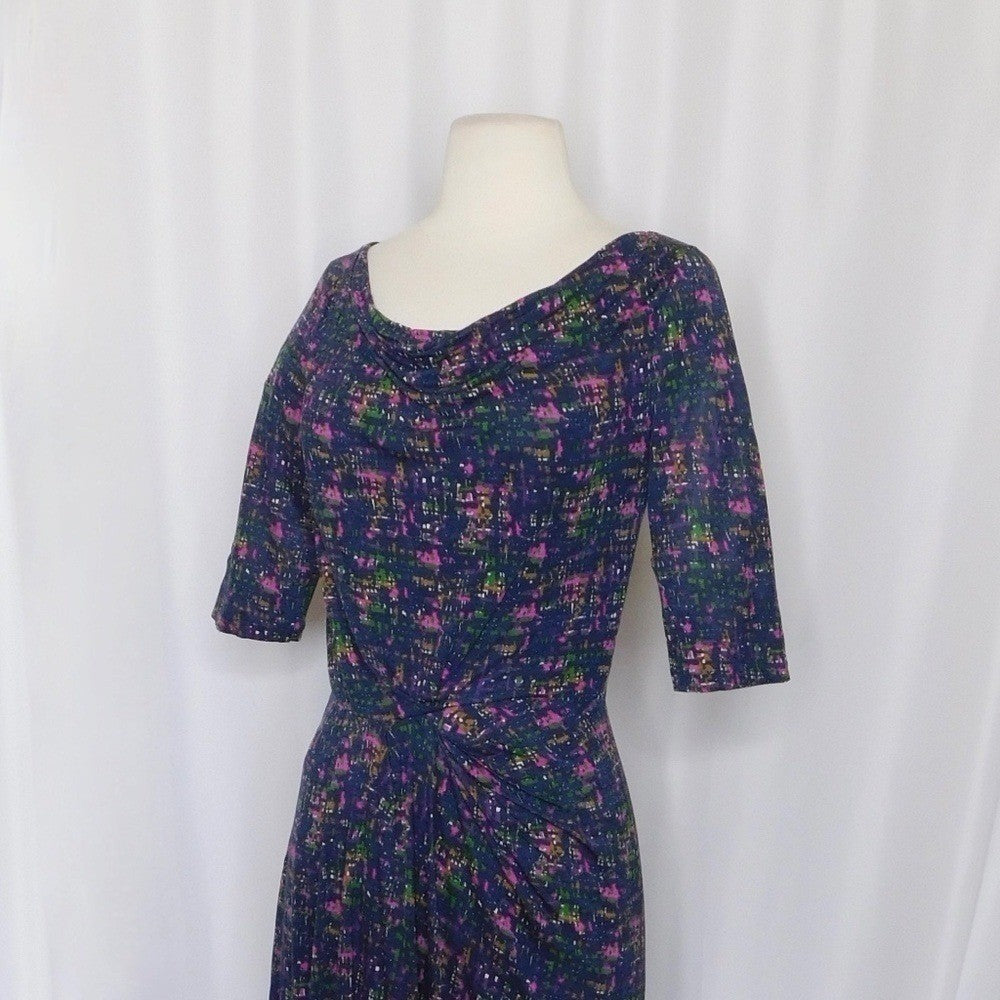 BODEN Drape Neck Pleated Ruched Midi Dress Abstract Print Knit Pleats 4L 4 Tall