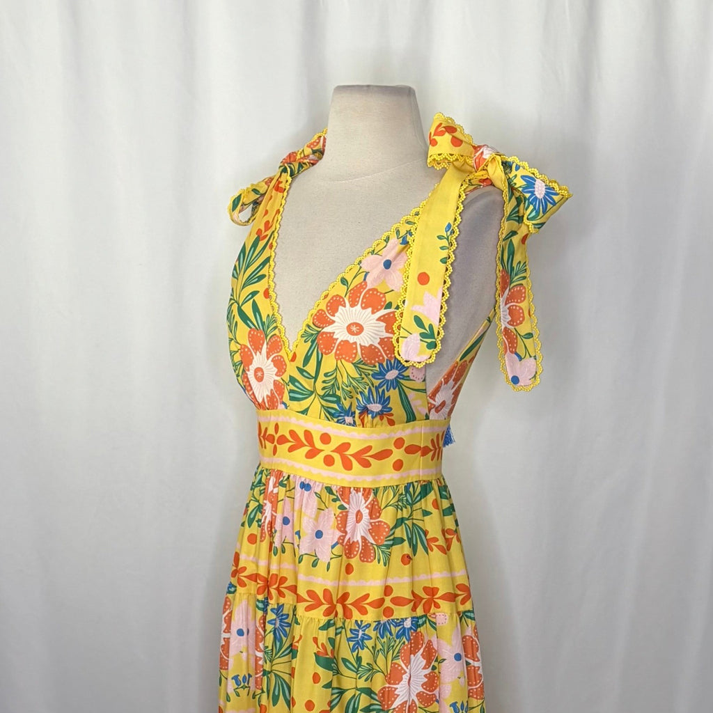NWT!! CHELSEA & VIOLET Cecily Maxi Dress Yellow Floral Vacation Tiered X-Small