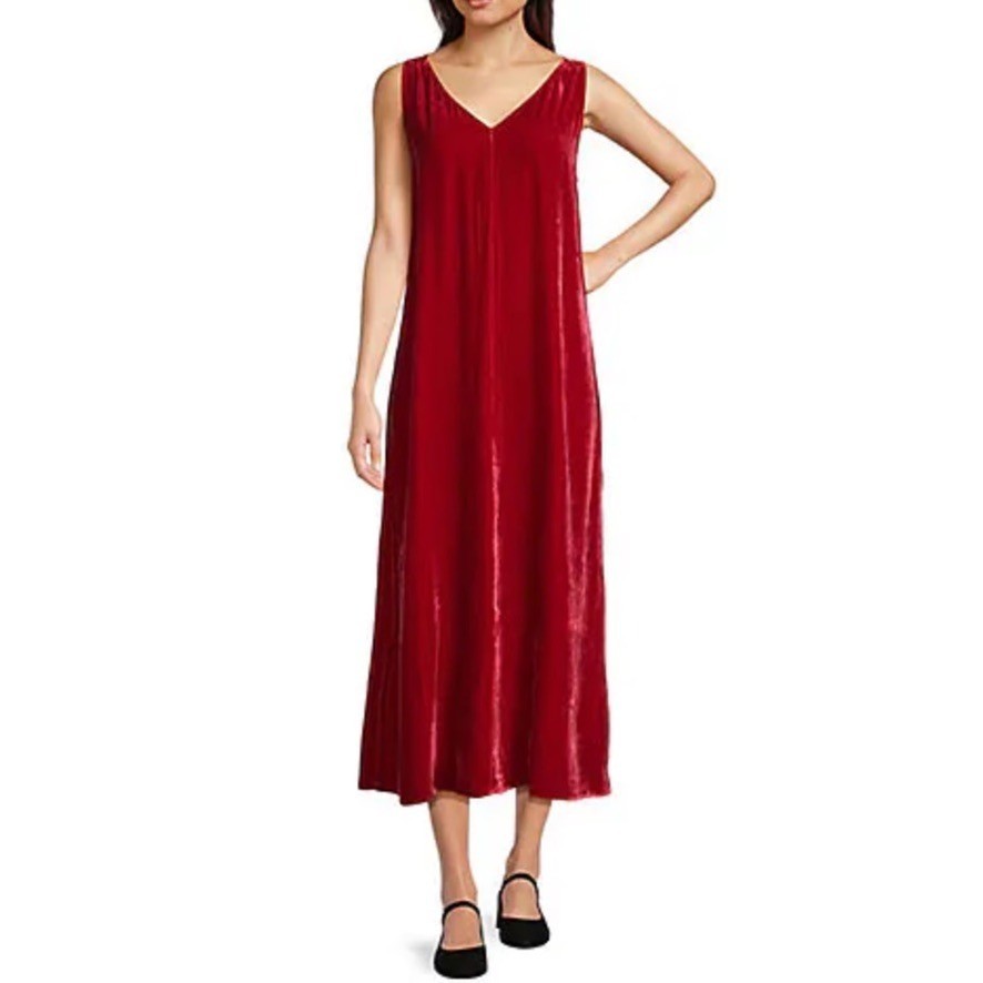 NWT!! EILEEN FISHER Red Scarlet Velvet Silk V Neck Midi Dress A-Line Preppy XXS