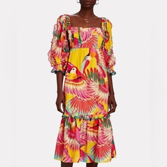 FARM RIO Colorful Toucans Scallops Midi Dress Birds Vacation Embroidered X-Large