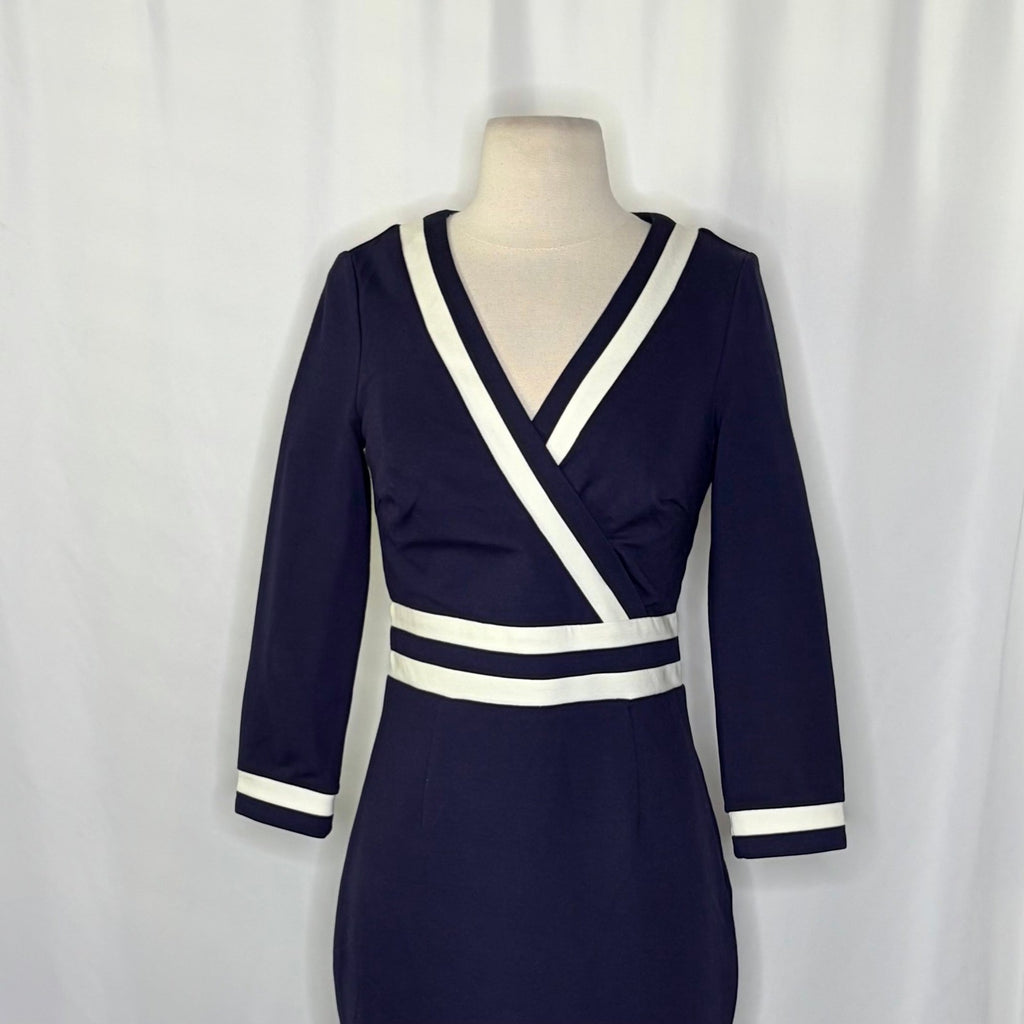 BODEN Nellie Ponte Knit Dress Navy Blue White Preppy Nautical Modest Size 4