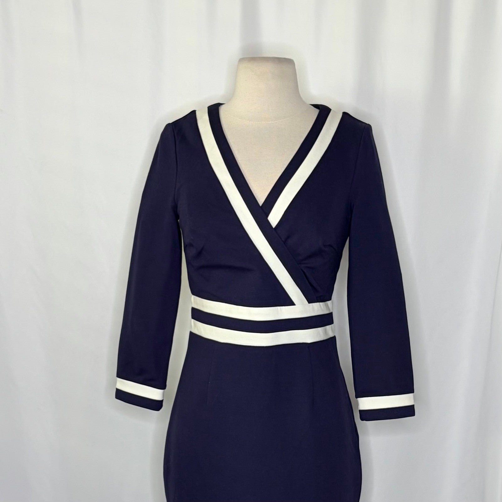 BODEN Nellie Ponte Knit Dress Navy Blue White Preppy Nautical Modest Size 4