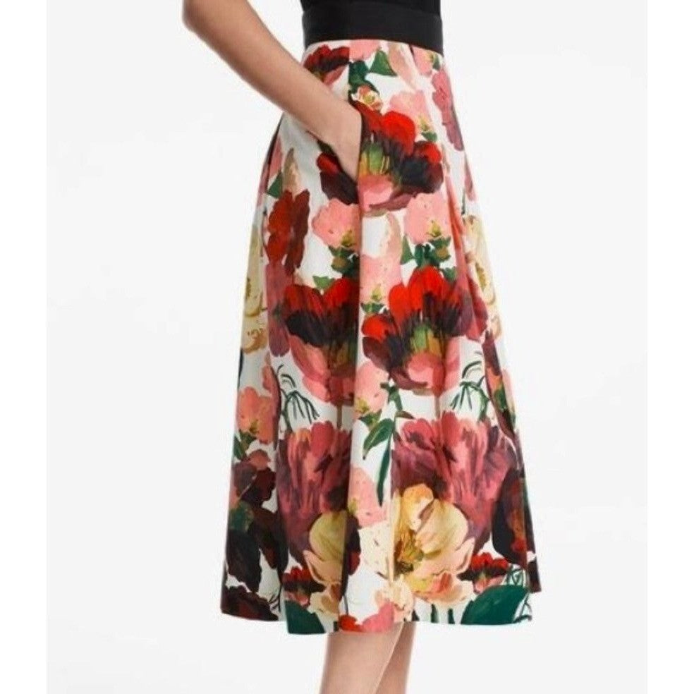 WHBM Floral Midi Skirt Pleated White House Black Market Poppy Poppies Size 6