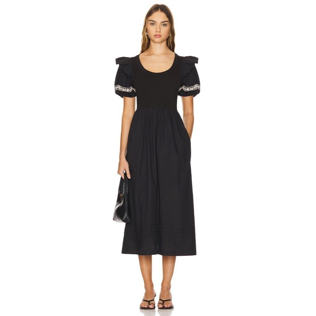 NWT!! CLEOBELLA Selma Midi Dress Embroidered Black Ruffle Puff Sleeves X-Small