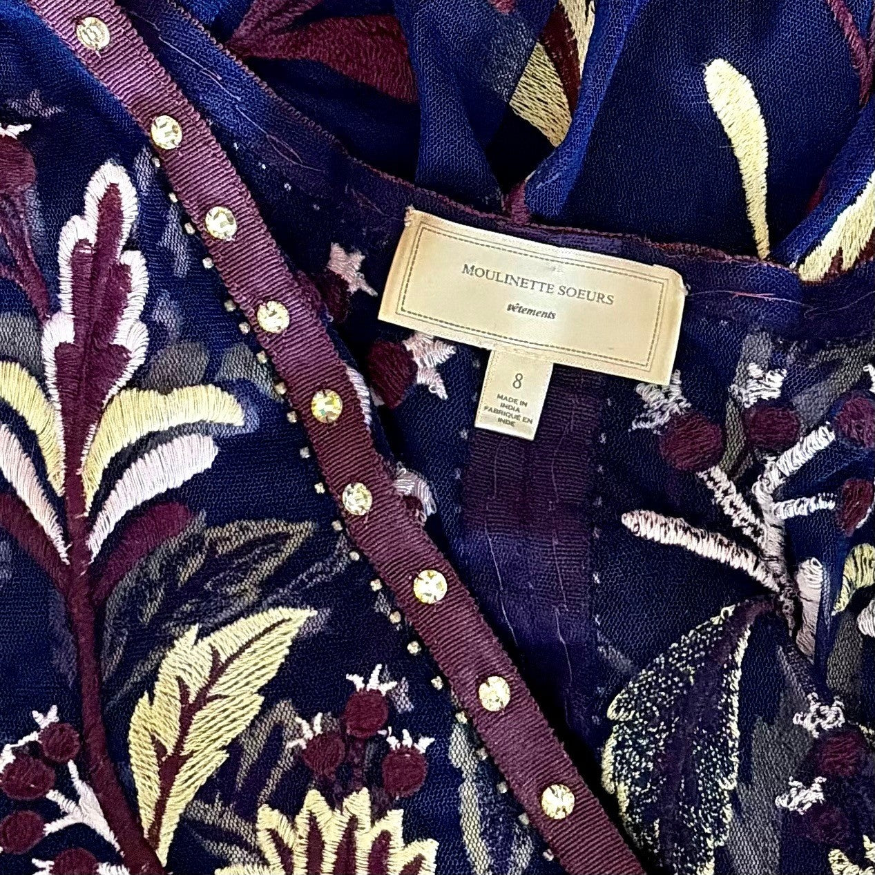 Anthropologie MOULINETTE SOEURS Alicante Floral Embroidered Dress Studded Size 8