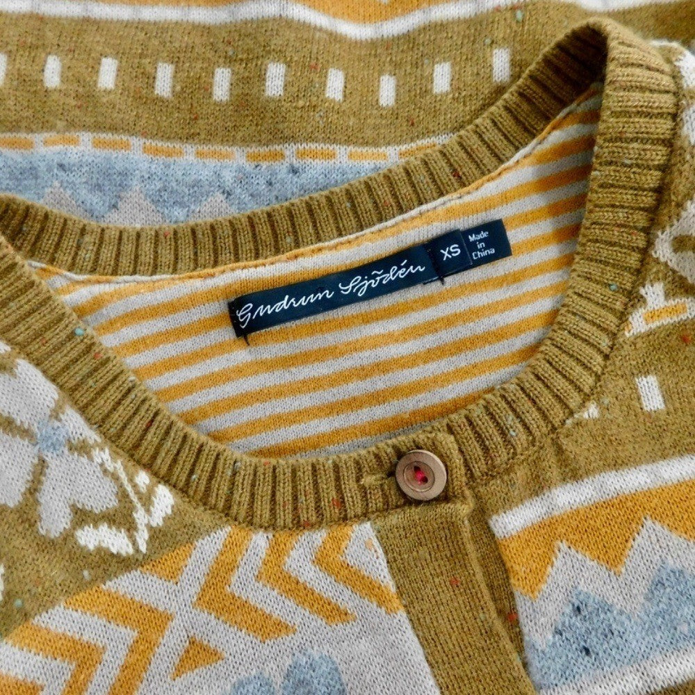 GUDRUN SJODEN Floral Patchwork Cardigan Sweater Wool Buttons Retro X-Small