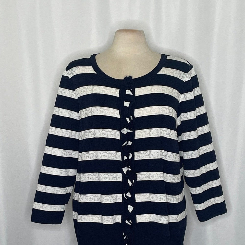 Exclusively MISOOK Navy Blue White Striped Cardigan Sweater Ruffled X-Large