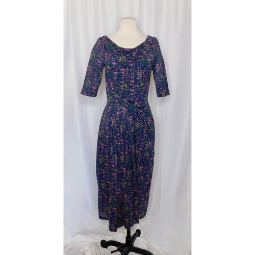 BODEN Drape Neck Pleated Ruched Midi Dress Abstract Print Knit Pleats 4L 4 Tall