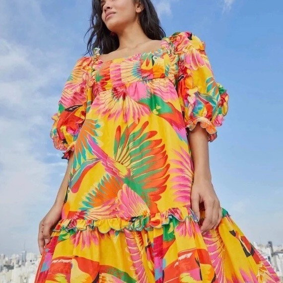 FARM RIO Colorful Toucans Scallops Midi Dress Birds Vacation Embroidered X-Large