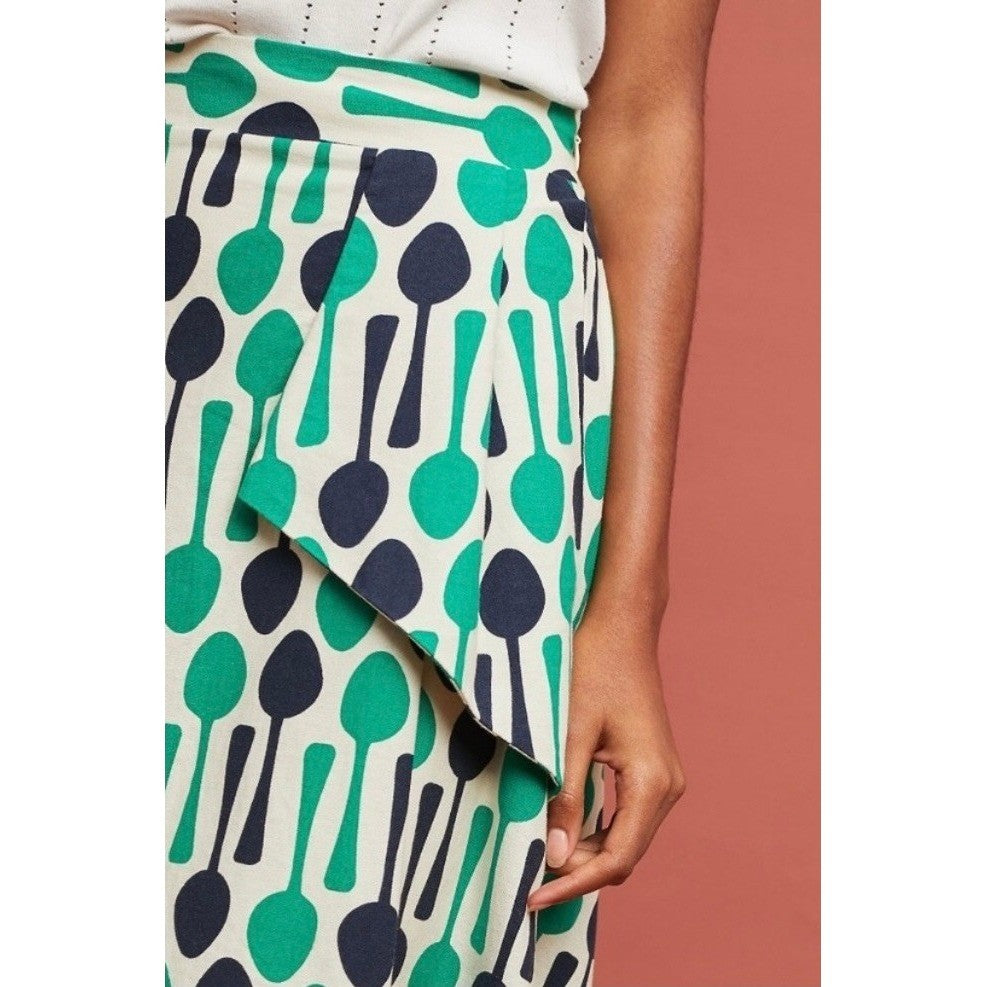 Anthropologie EVA FRANCO Spoons Print Midi Skirt Navy Blue Kelly Green Spoon 8
