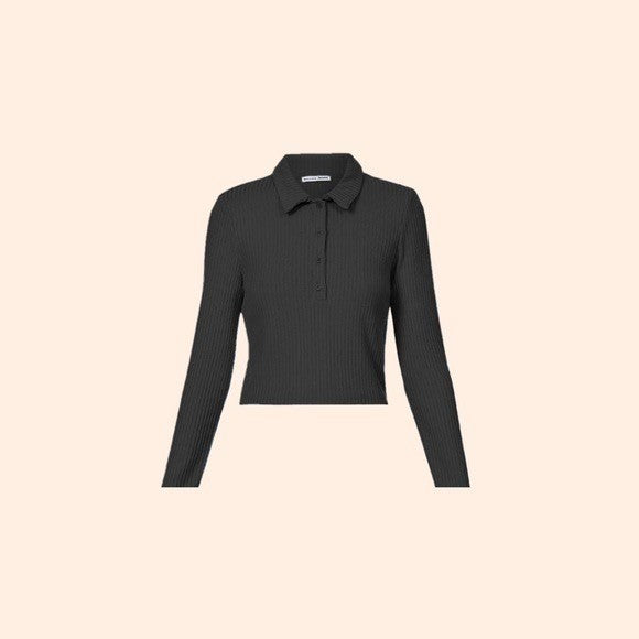 REFORMATION Rainey Crop Henley Ribbed Solid Black Cropped Collared X-Small