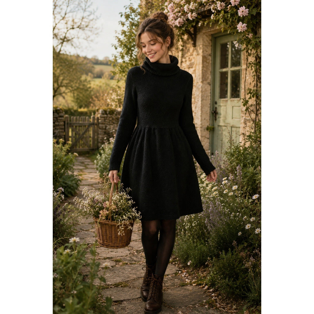 VINCE Solid Black Wool Knit Sweater Dress Turtleneck Pullover Minimalist Large