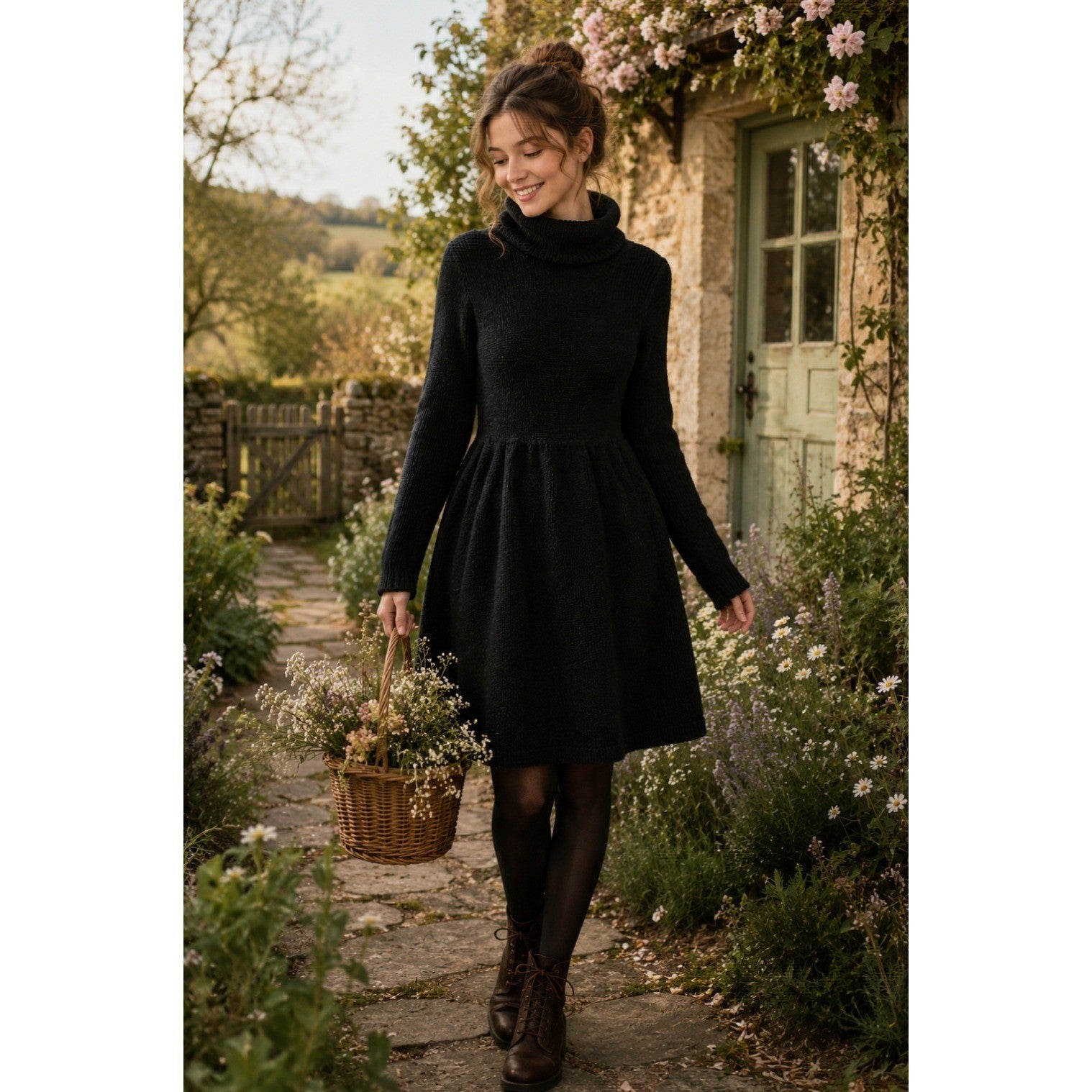 VINCE Solid Black Wool Knit Sweater Dress Turtleneck Pullover Minimalist Large