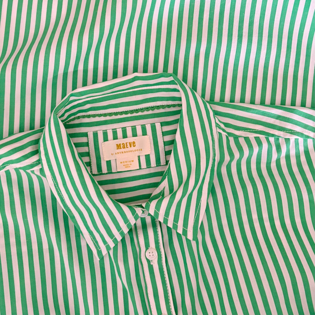 Anthropologie MAEVE The Bennet Green Stripe Buttondown Shirt Top Medium