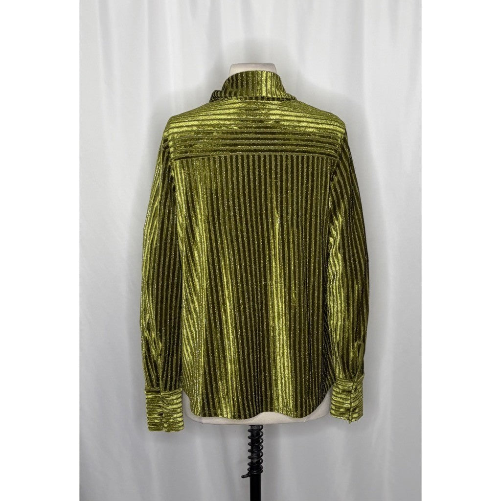 HOUSE OF HARLOW 1960 Green Velvet Stripe Buttondown Shirt Top Metallic Small