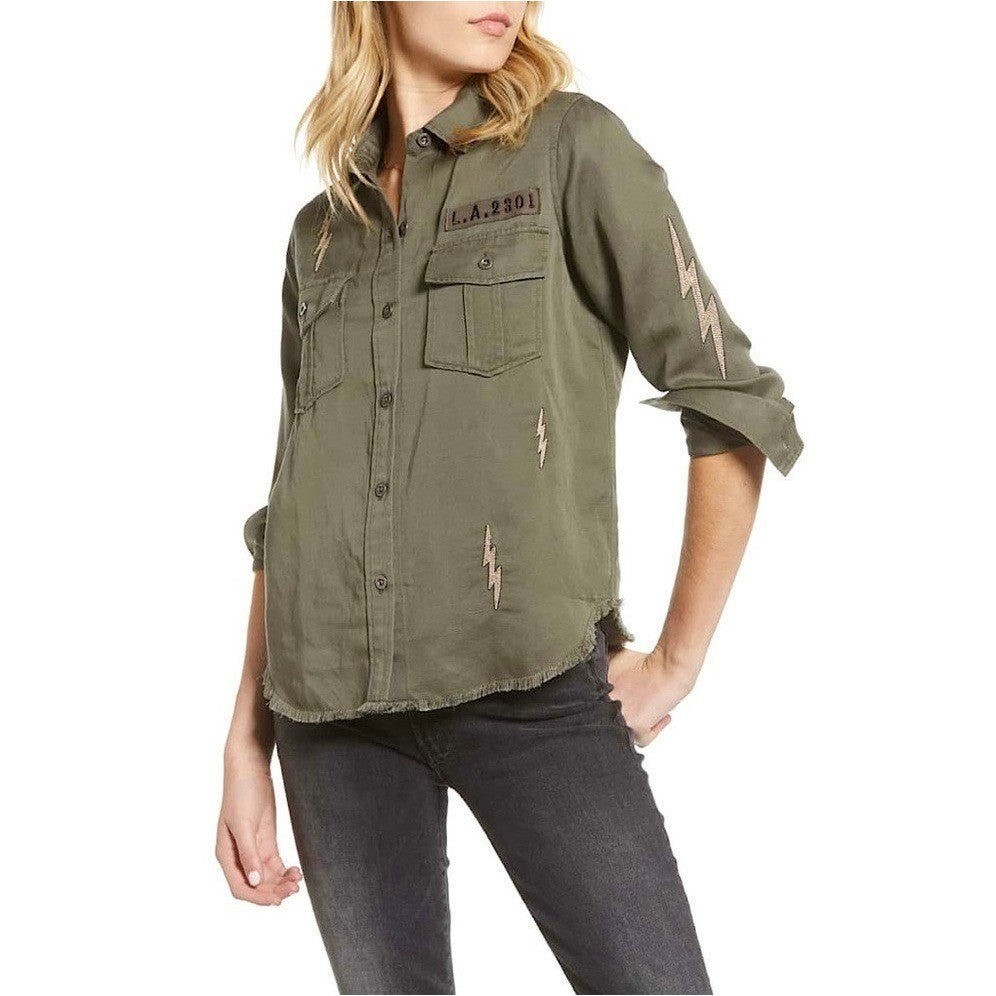 RAILS Loren Olive Lightning Bolts Buttondown Military Style Jacket Top Medium