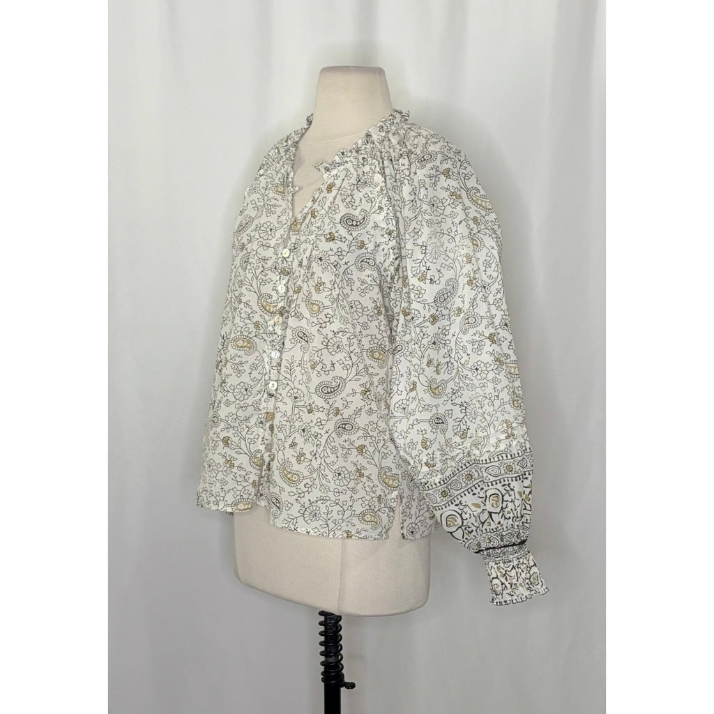 CLEOBELLA Ivy Blouse Woodblock Floral Paisley Print Top Smocked Ruffled Small