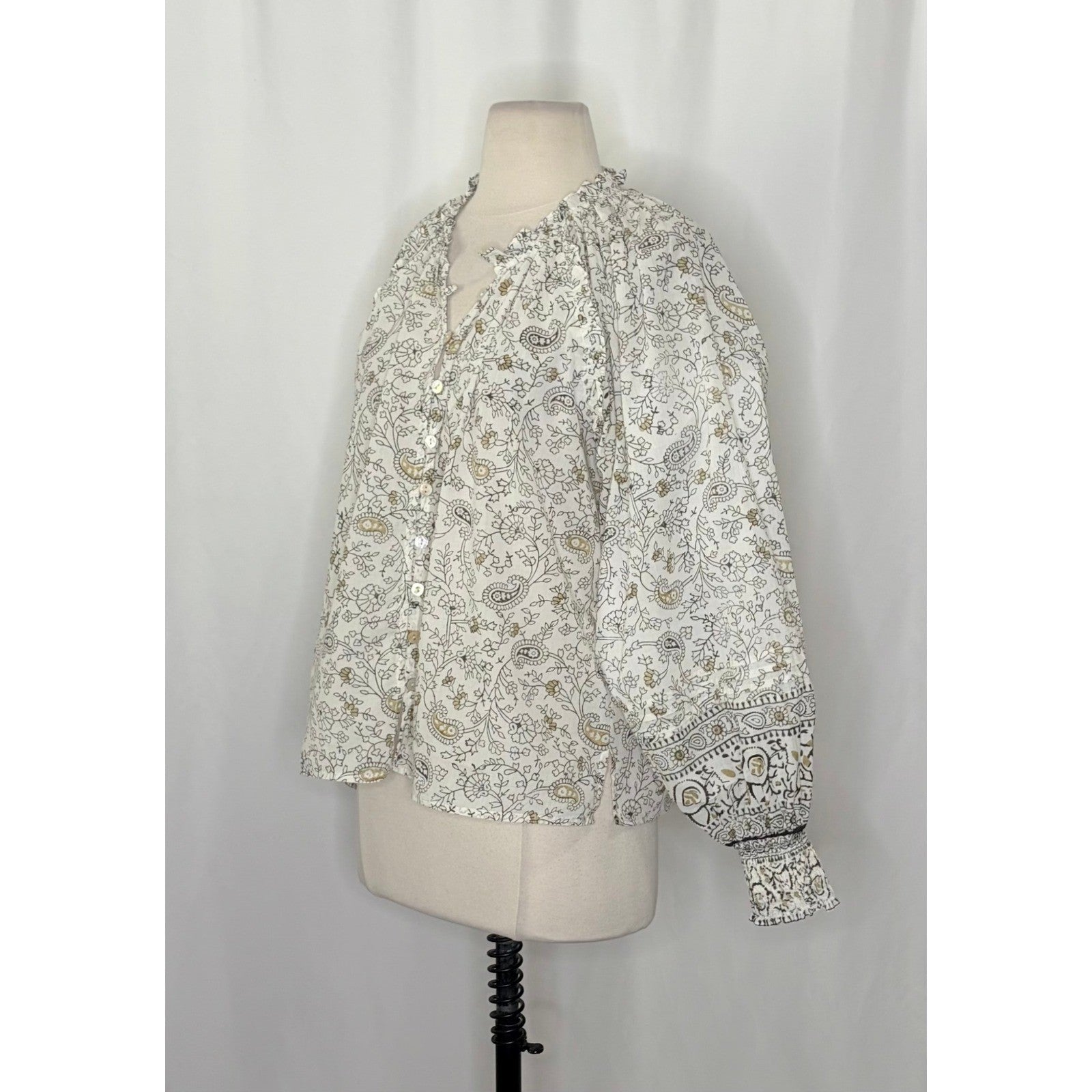 CLEOBELLA Ivy Blouse Woodblock Floral Paisley Print Top Smocked Ruffled Small