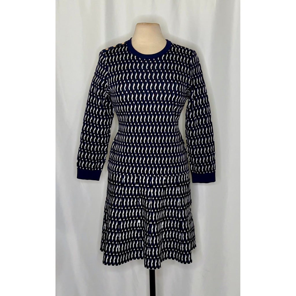SHOSHANNA Aspen Intarsia Knit Dress Navy Blue White Dropwaist Crew Neck X-Large