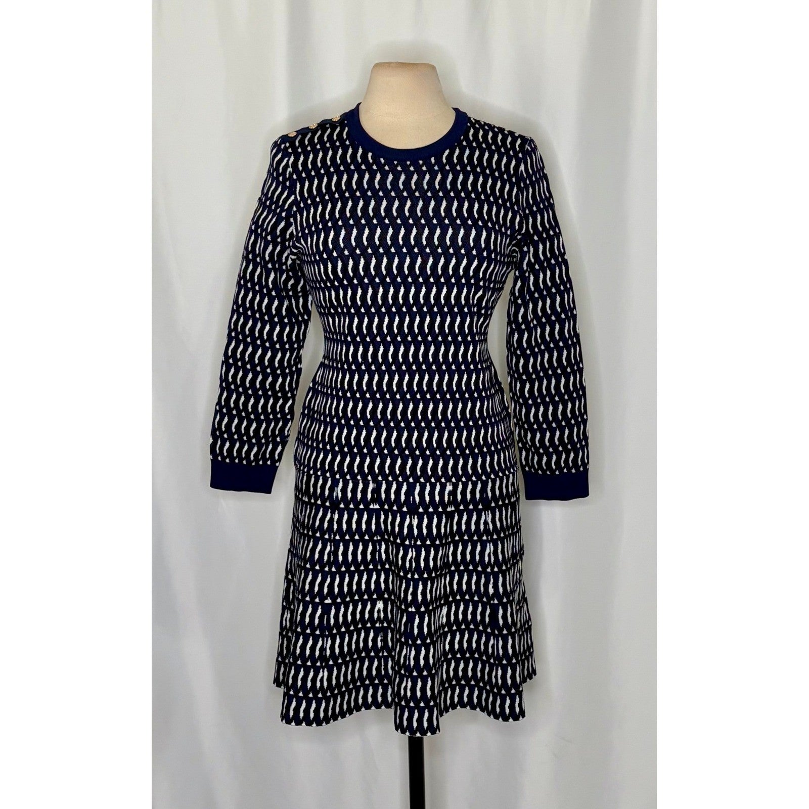 SHOSHANNA Aspen Intarsia Knit Dress Navy Blue White Dropwaist Crew Neck X-Large