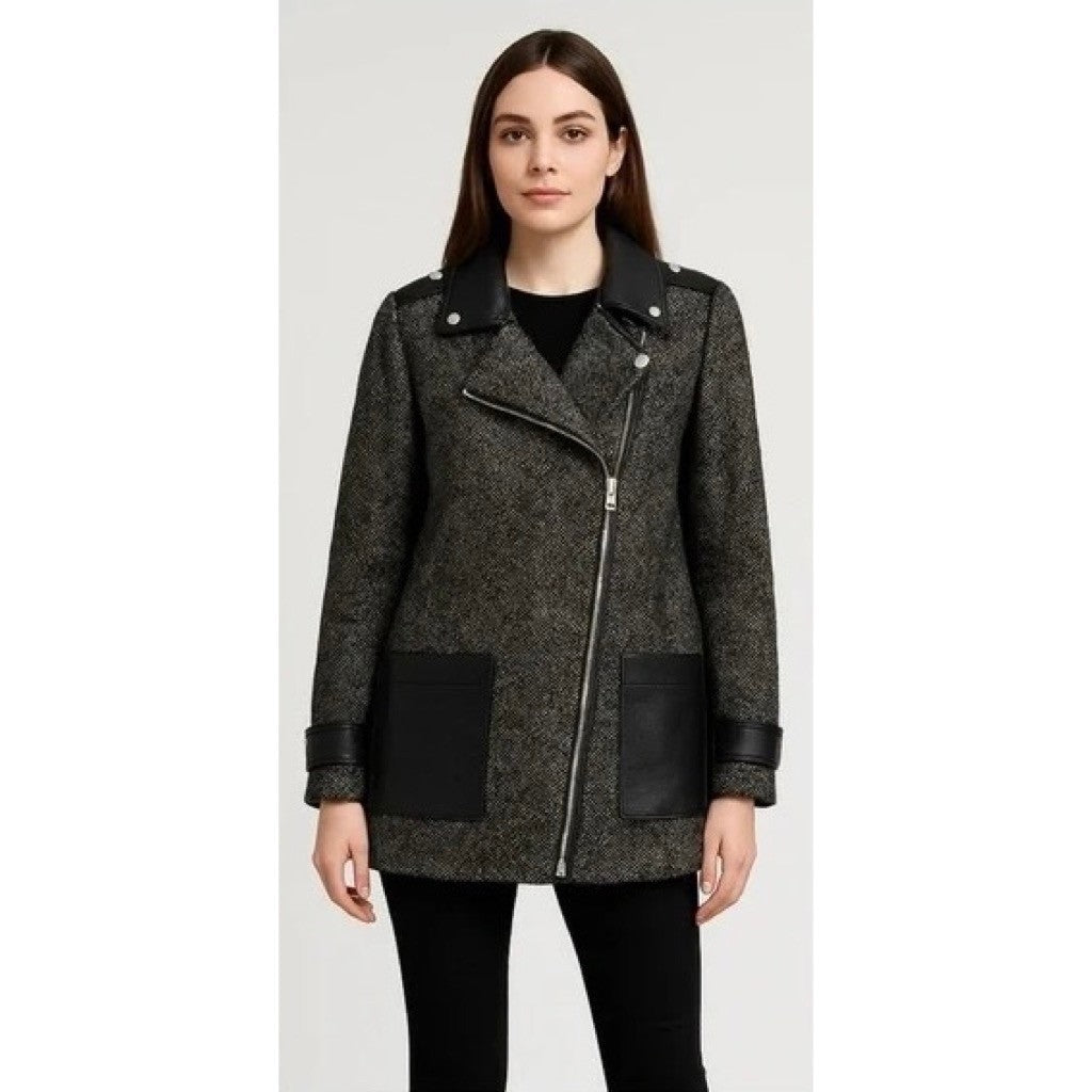 MAJE Ribiera Leather Tweed Coat Moto Inspired Pockets Zipper Size 38 US Medium