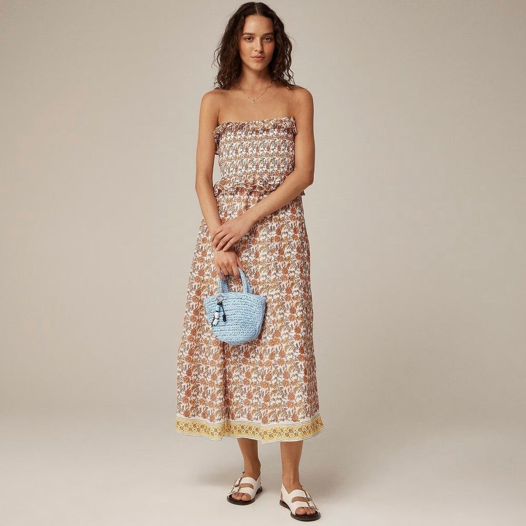 NWT!! J. CREW Ravenna Dress Sunset Rose Blockprint Floral Ramie Strapless Small