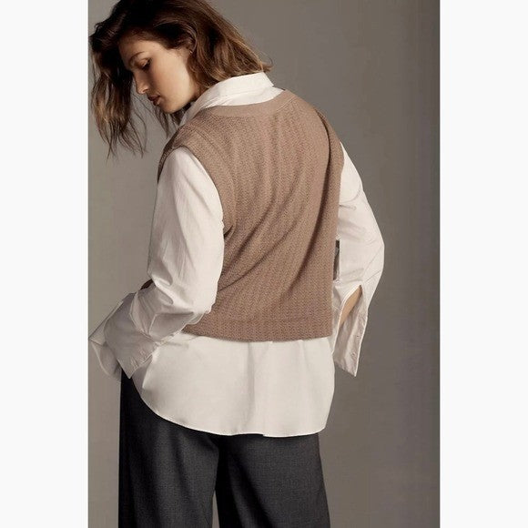 By ANTHROPOLOGIE Twofer Sweater Vest Shirt Blouse Layered Brown White X-Small
