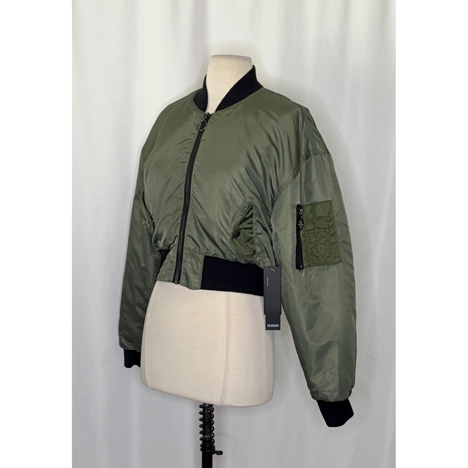 NWT!! Revolve HUDSON JEANS Rogue Olive Green Bomber Jacket Cropped Pockets Small