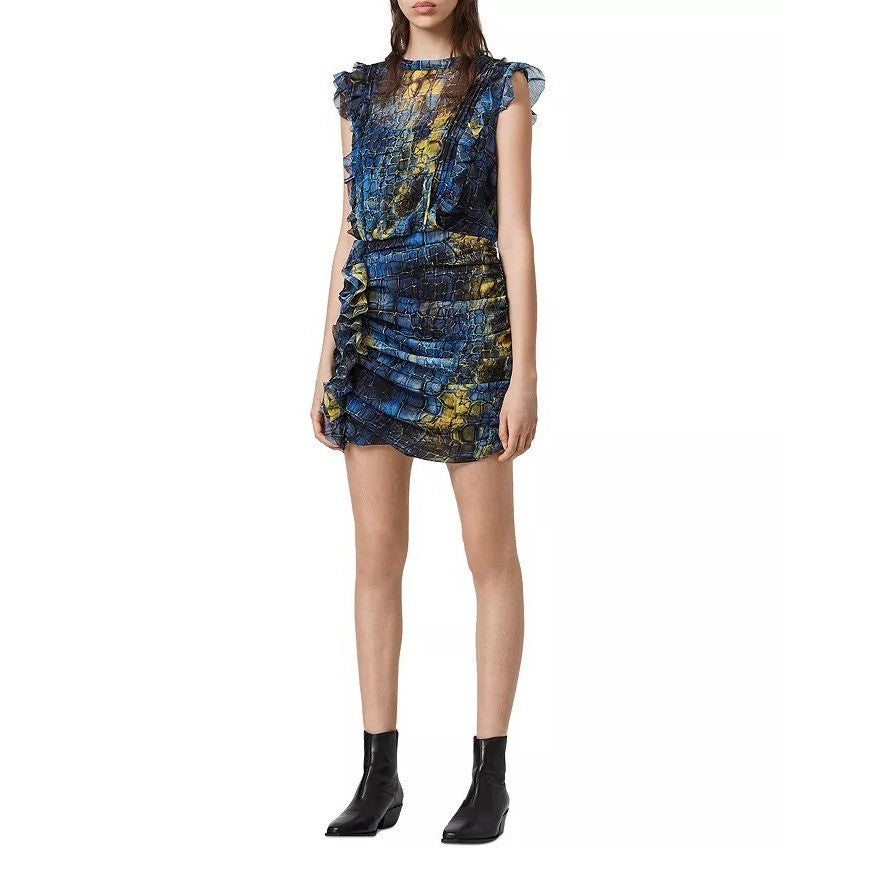 ALL SAINTS Hali Mirus Mini Dress Snakeskin Yellow Blue Ruffled Allsaints Size 4