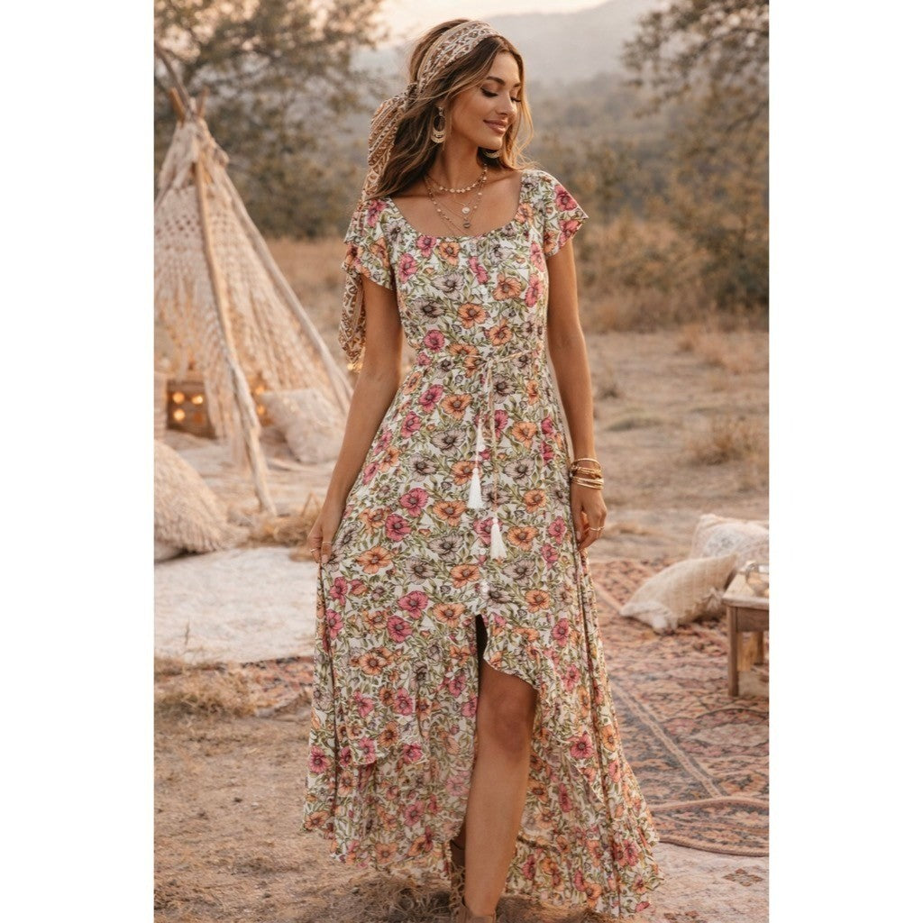 ATL ABEL THE LABEL Floral High Low Maxi Dress Pink Poppy Ruffled Bohemian XS