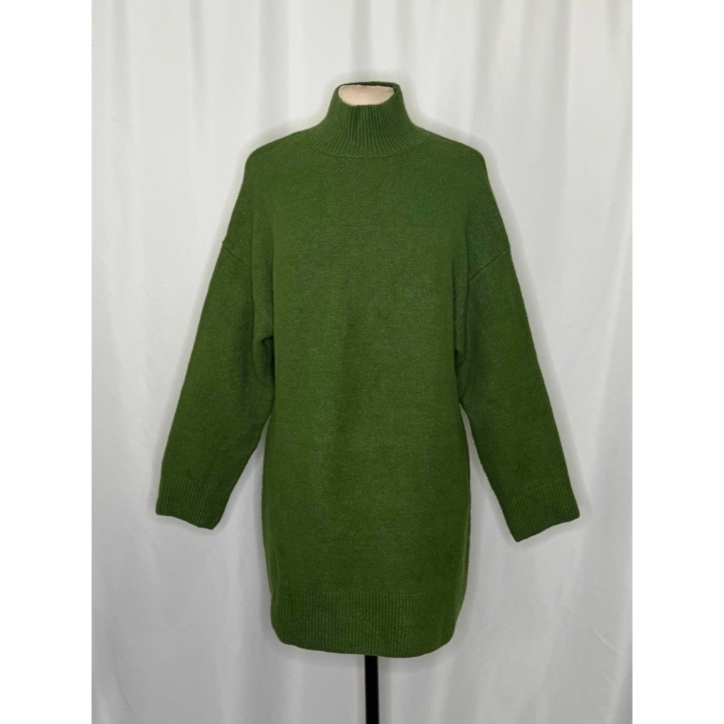 ZARA Green Wool Sweater Dress Mock Neckline Oversized Knitwear Solid X-Small