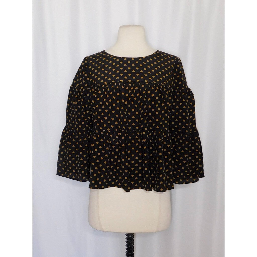 MADEWELL Silk Black Gold Heart Flip Button Back Tiered Top Blouse X-Small