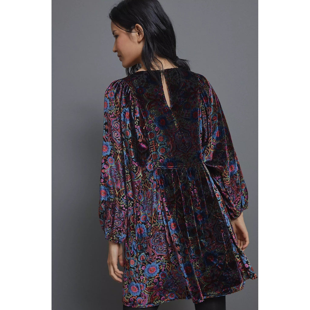 By ANTHROPOLOGIE Mona Floral Burnout Velvet Mini Dress Pockets Party Large
