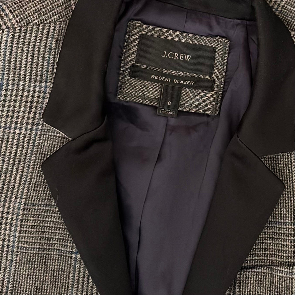 J. CREW Wool Regent Blazer Plaid Satin Lapels Houndstooth Black Gray Size 6