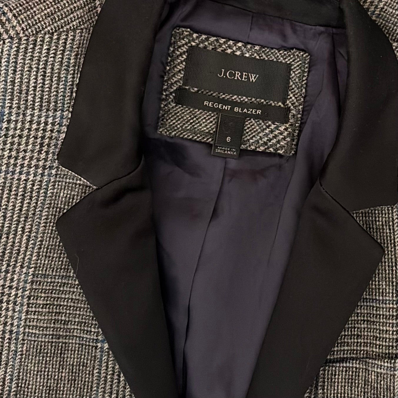 J. CREW Wool Regent Blazer Plaid Satin Lapels Houndstooth Black Gray Size 6
