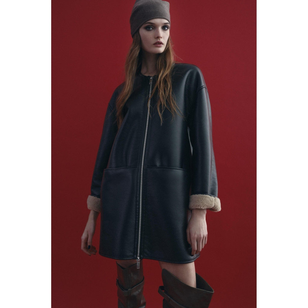 NWT!! ZARA ZW Collection Double Faced Coat Jacket Black Fleece Lining Small