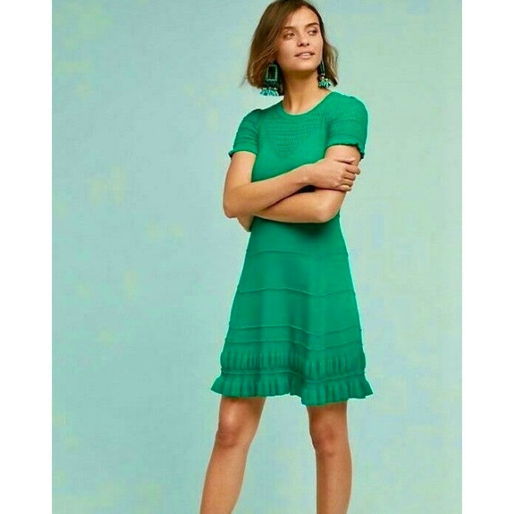 Anthropologie MAEVE Promenade Pointelle Knit Dress Solid Green Flirty X-Small