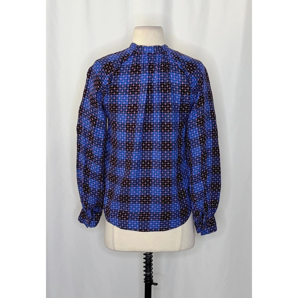 Anthropologie PILCRO Embroidered Plaid Buttondown Blue Pink Plaid Pocket X-Small