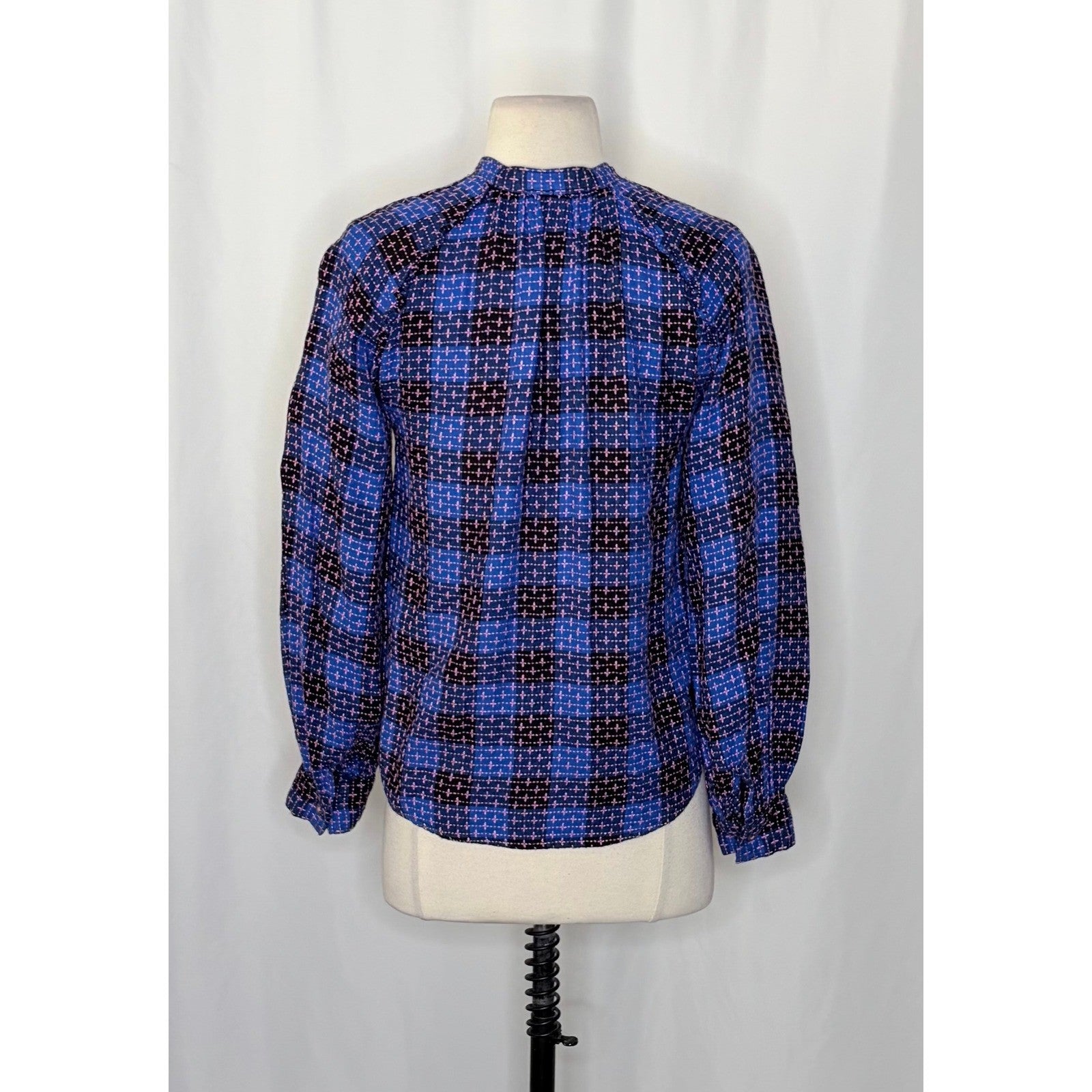 Anthropologie PILCRO Embroidered Plaid Buttondown Blue Pink Plaid Pocket X-Small