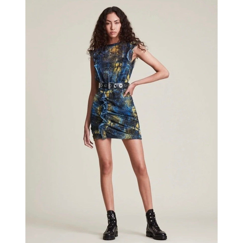 ALL SAINTS Hali Mirus Mini Dress Snakeskin Yellow Blue Ruffled Allsaints Size 4