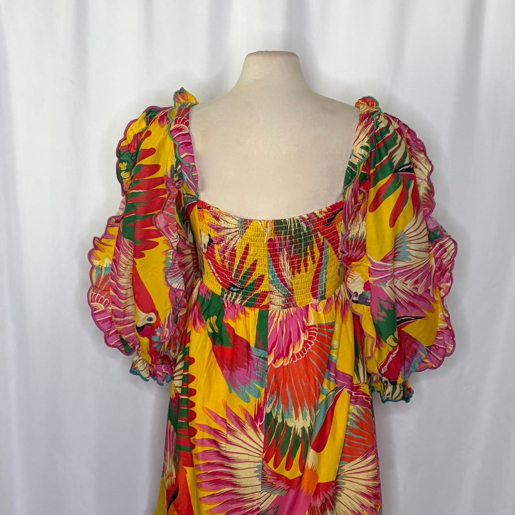 FARM RIO Colorful Toucans Scallops Midi Dress Birds Vacation Embroidered X-Large