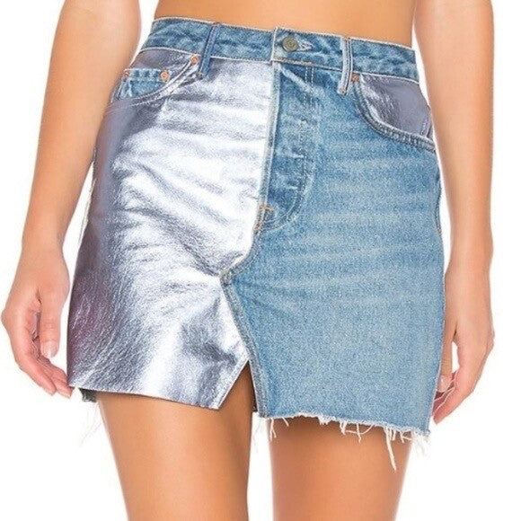 GRLFRND Girlfriend Milla Metallic Panel Denim Silver Mini Skirt Two Face Size 28