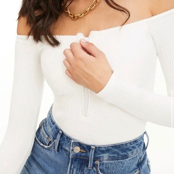 NWT!! GOOD AMERICAN Half Zip Off Shoulder White Ribbed Thong Bodysuit 4 X-Large