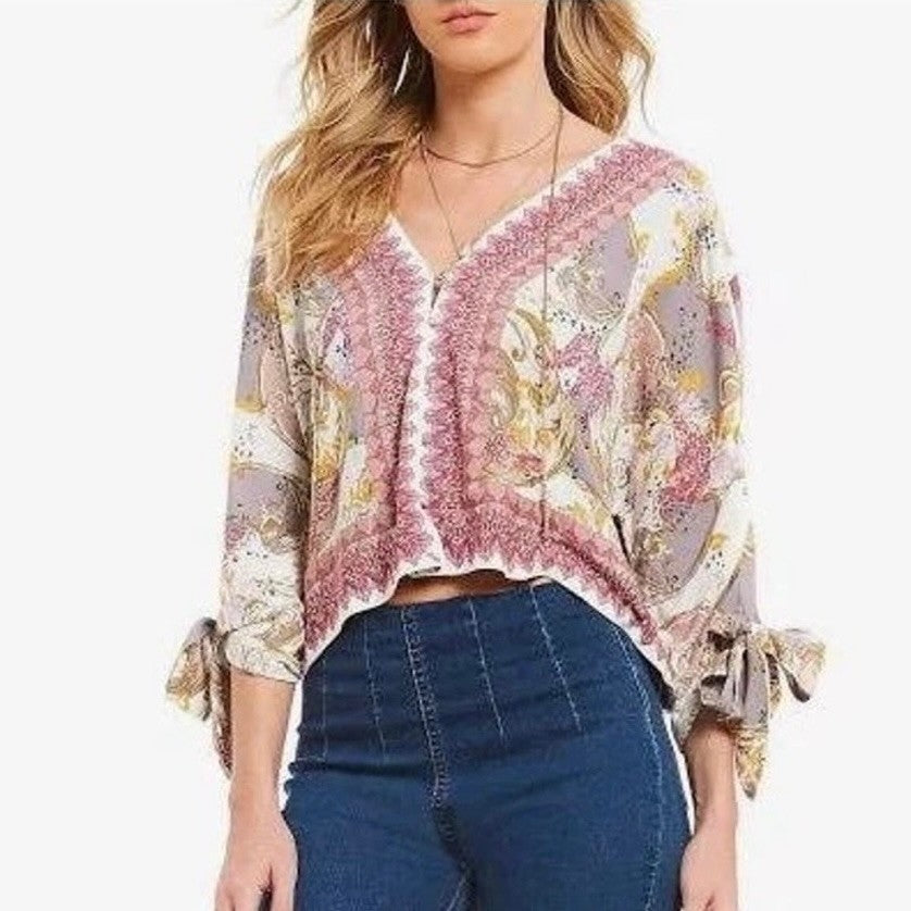 FREE PEOPLE Catch Me If You Can Top Blouse Boho Floral Tie Sleeves Pink Small