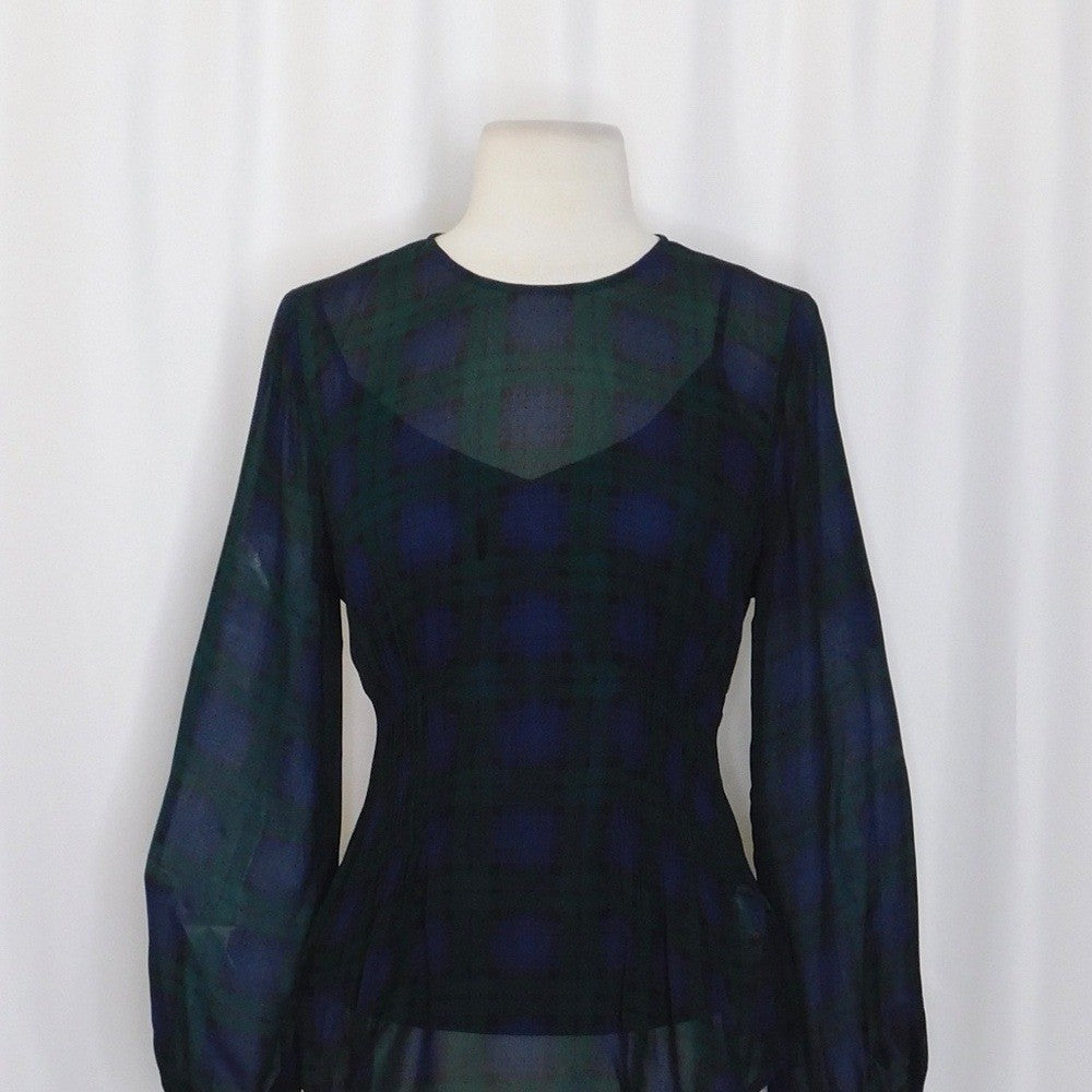 NEW!! J. CREW Chiffon Shirred-Waist Top Black Watch Tartan Plaid Copper Green 00