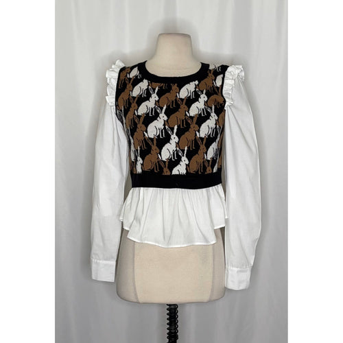 Anthropologie MAEVE Ruffled Twofer Sweater Vest Rabbits Bunny Cottagecore Small